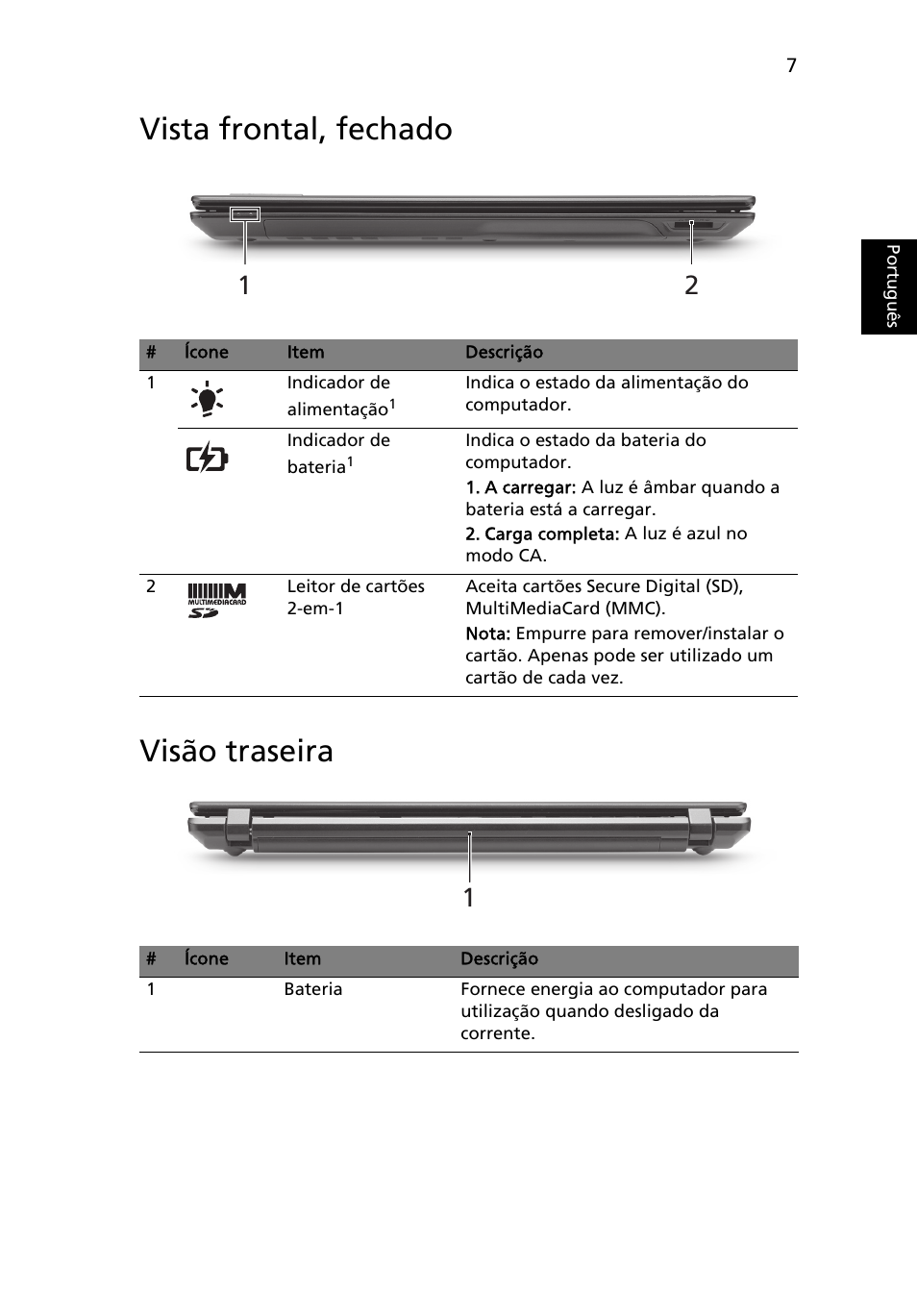 Vista frontal, fechado, Visão traseira, Vista frontal, fechado visão traseira | Acer TravelMate 5542G User Manual | Page 61 / 314