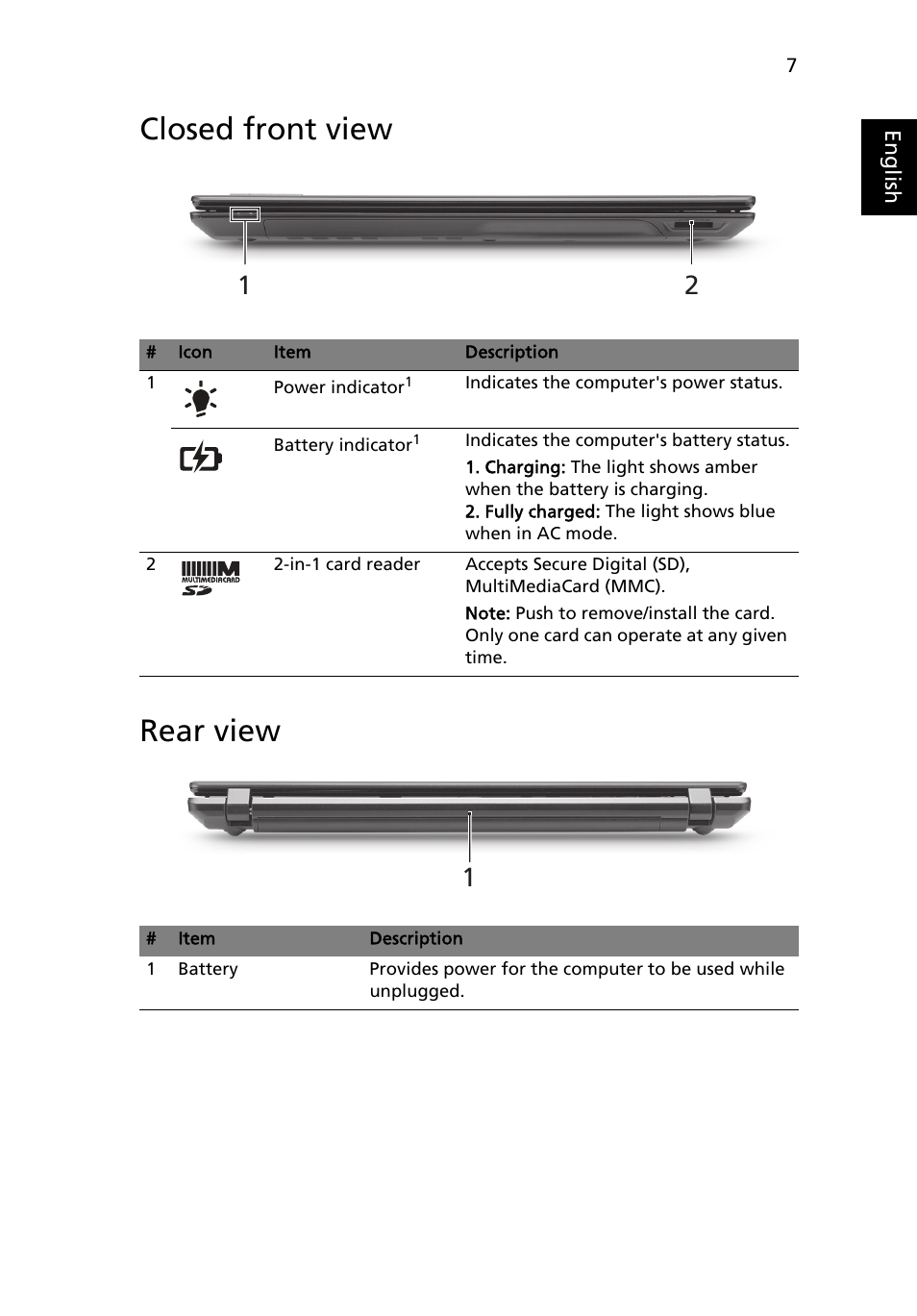 Closed front view, Rear view, Closed front view rear view | Acer TravelMate 5542G User Manual | Page 9 / 314