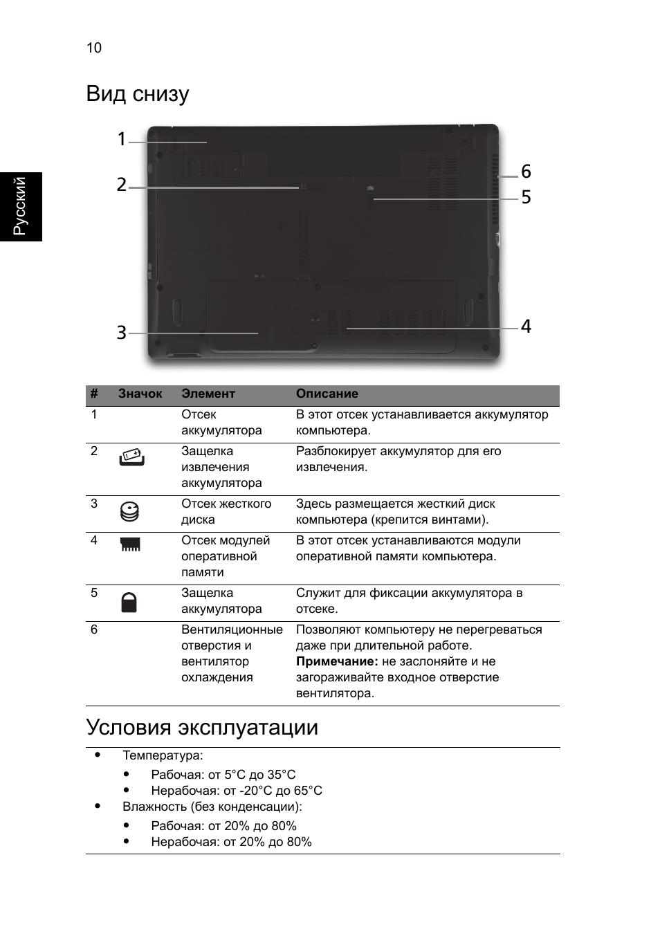 Вид снизу, Условия эксплуатации, Вид снизу условия эксплуатации | Acer Aspire 5741ZG User Manual | Page 124 / 313