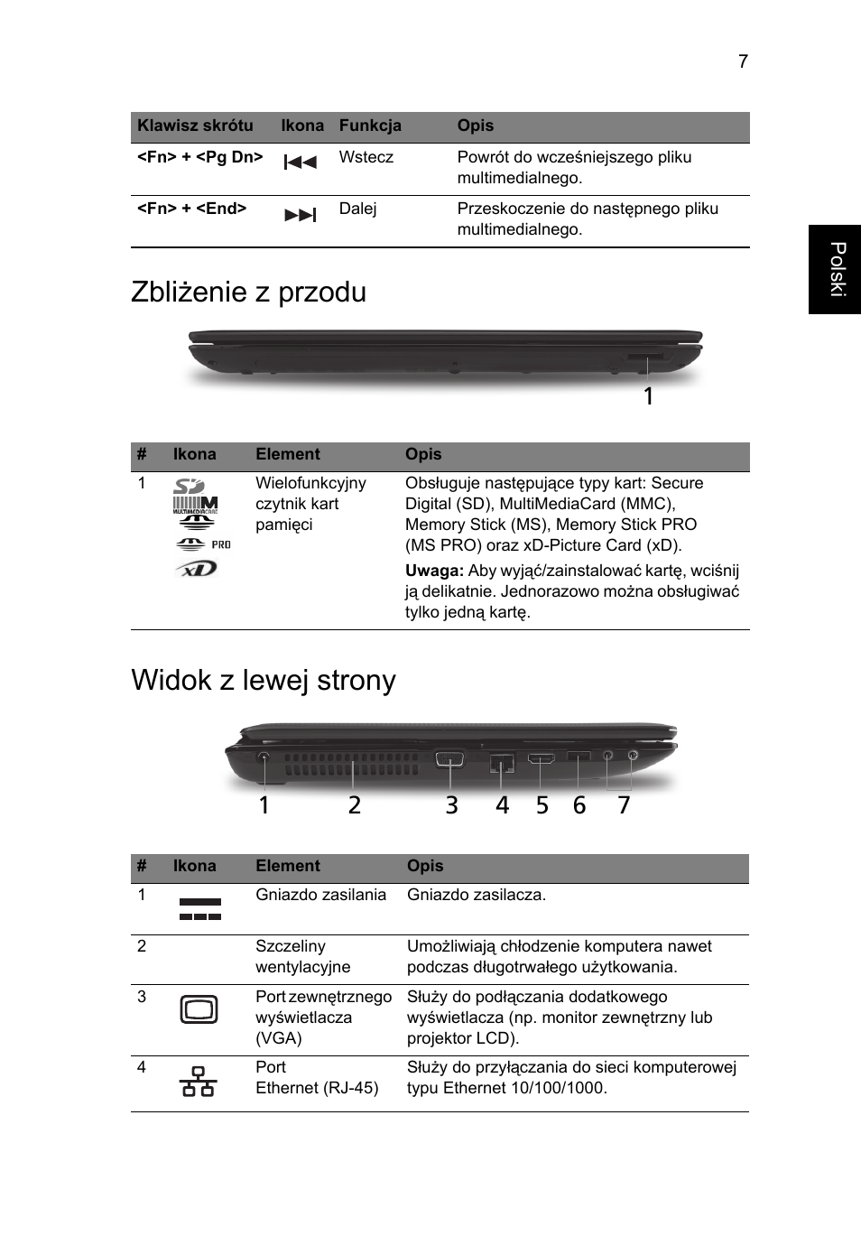Zbliżenie z przodu, Widok z lewej strony, Zbliżenie z przodu widok z lewej strony | Acer Aspire 5741ZG User Manual | Page 131 / 313
