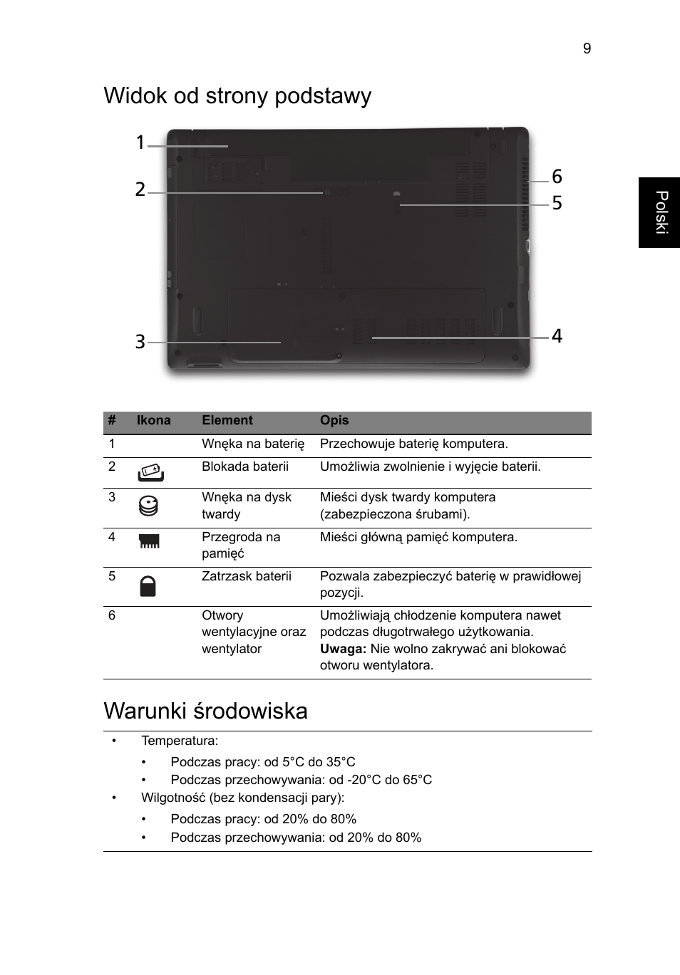 Widok od strony podstawy, Warunki środowiska, Widok od strony podstawy warunki środowiska | Acer Aspire 5741ZG User Manual | Page 133 / 313