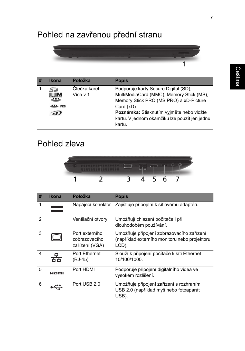 Pohled na zavřenou přední stranu, Pohled zleva, Pohled na zavřenou přední stranu pohled zleva | Acer Aspire 5741ZG User Manual | Page 151 / 313