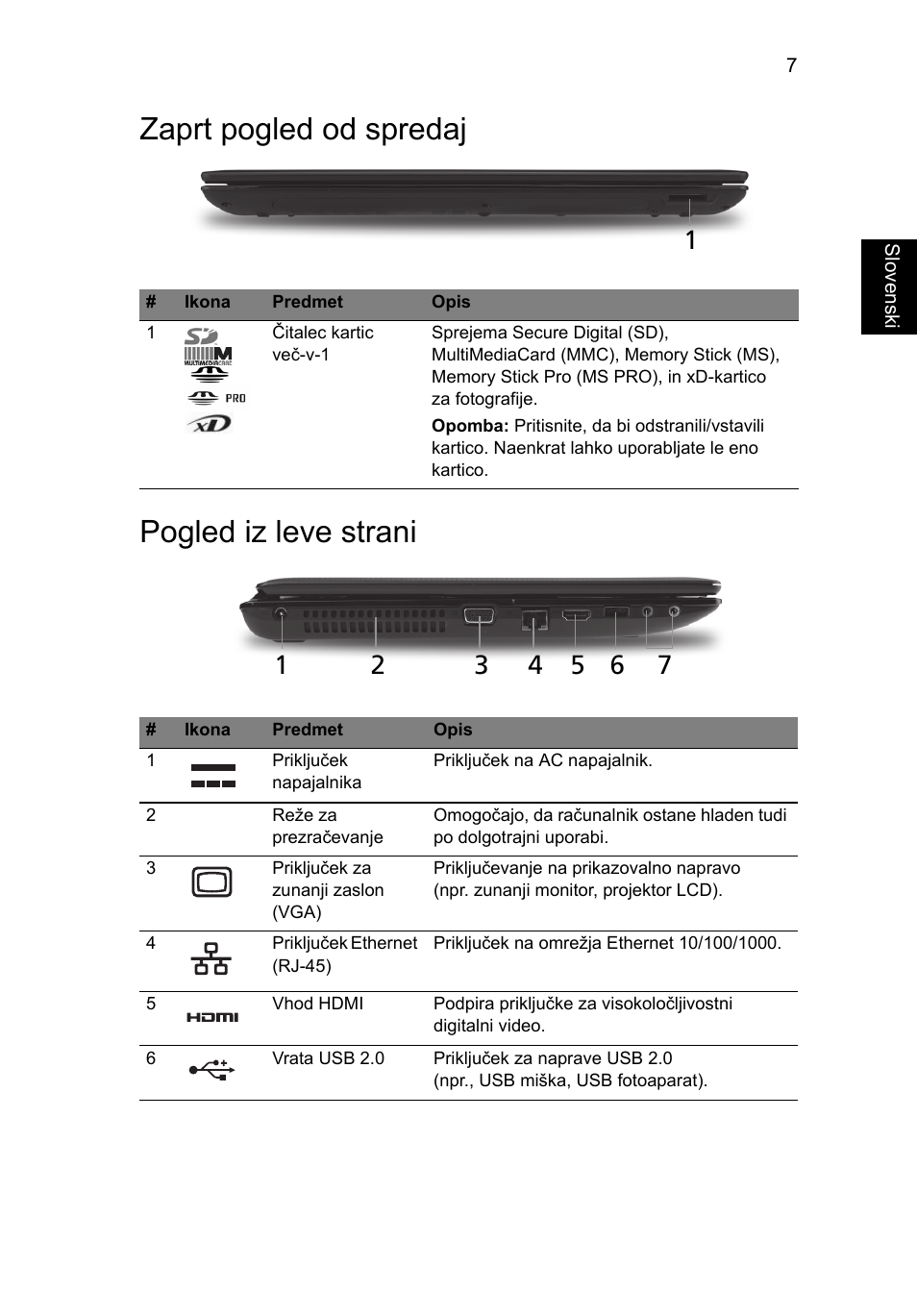 Zaprt pogled od spredaj, Pogled iz leve strani, Zaprt pogled od spredaj pogled iz leve strani | Acer Aspire 5741ZG User Manual | Page 171 / 313