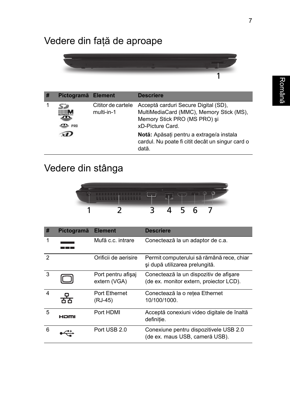 Vedere din faţă de aproape, Vedere din stânga, Vedere din faţă de aproape vedere din stânga | Acer Aspire 5741ZG User Manual | Page 191 / 313