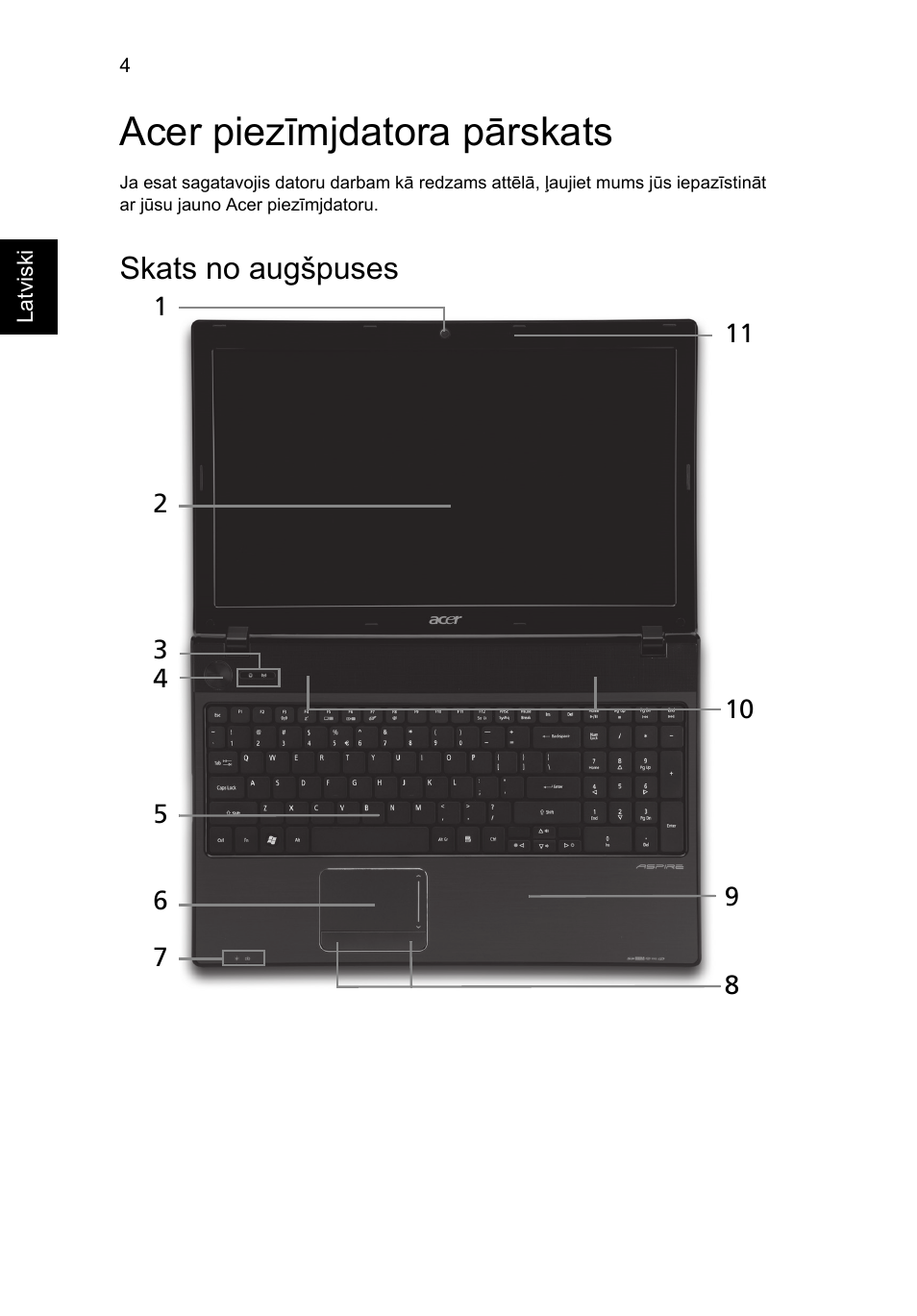 Acer piezīmjdatora pārskats, Skats no augšpuses | Acer Aspire 5741ZG User Manual | Page 218 / 313