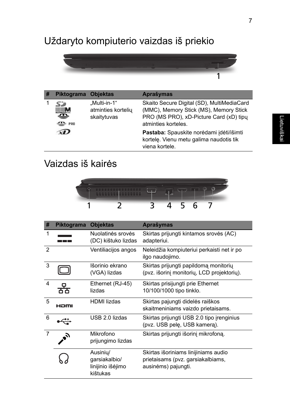 Uždaryto kompiuterio vaizdas iš priekio, Vaizdas iš kairės | Acer Aspire 5741ZG User Manual | Page 231 / 313