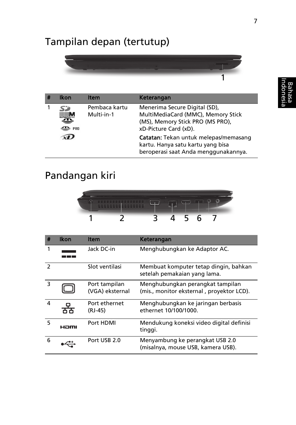 Tampilan depan (tertutup), Pandangan kiri, Tampilan depan (tertutup) pandangan kiri | Acer Aspire 5741ZG User Manual | Page 301 / 313