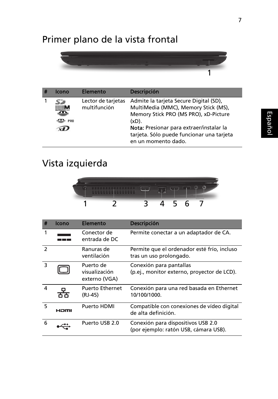 Primer plano de la vista frontal, Vista izquierda, Primer plano de la vista frontal vista izquierda | Acer Aspire 5741ZG User Manual | Page 49 / 313