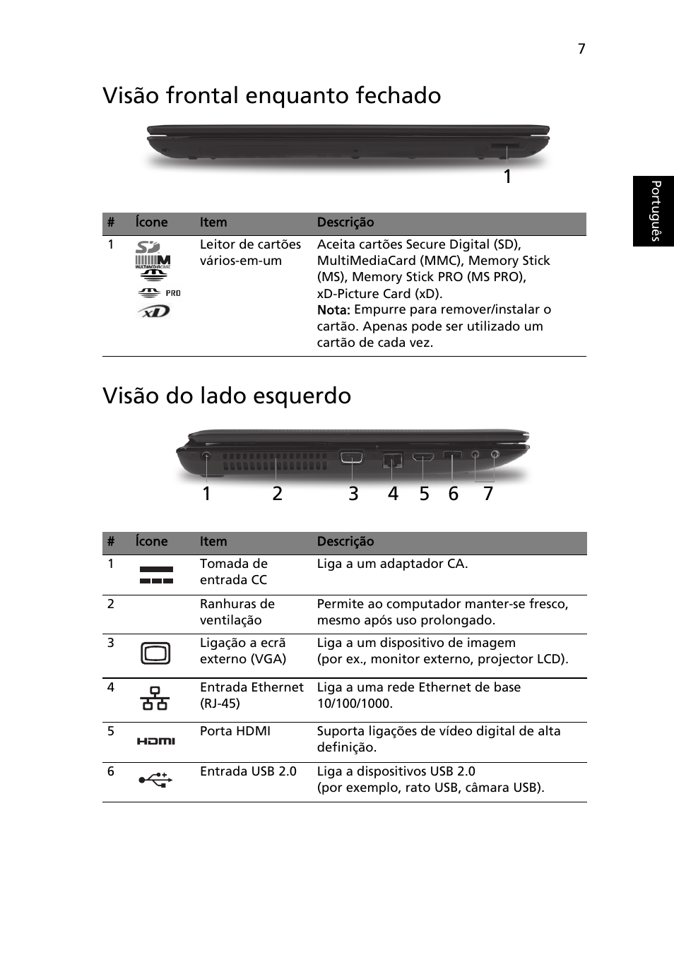 Visão frontal enquanto fechado, Visão do lado esquerdo | Acer Aspire 5741ZG User Manual | Page 61 / 313