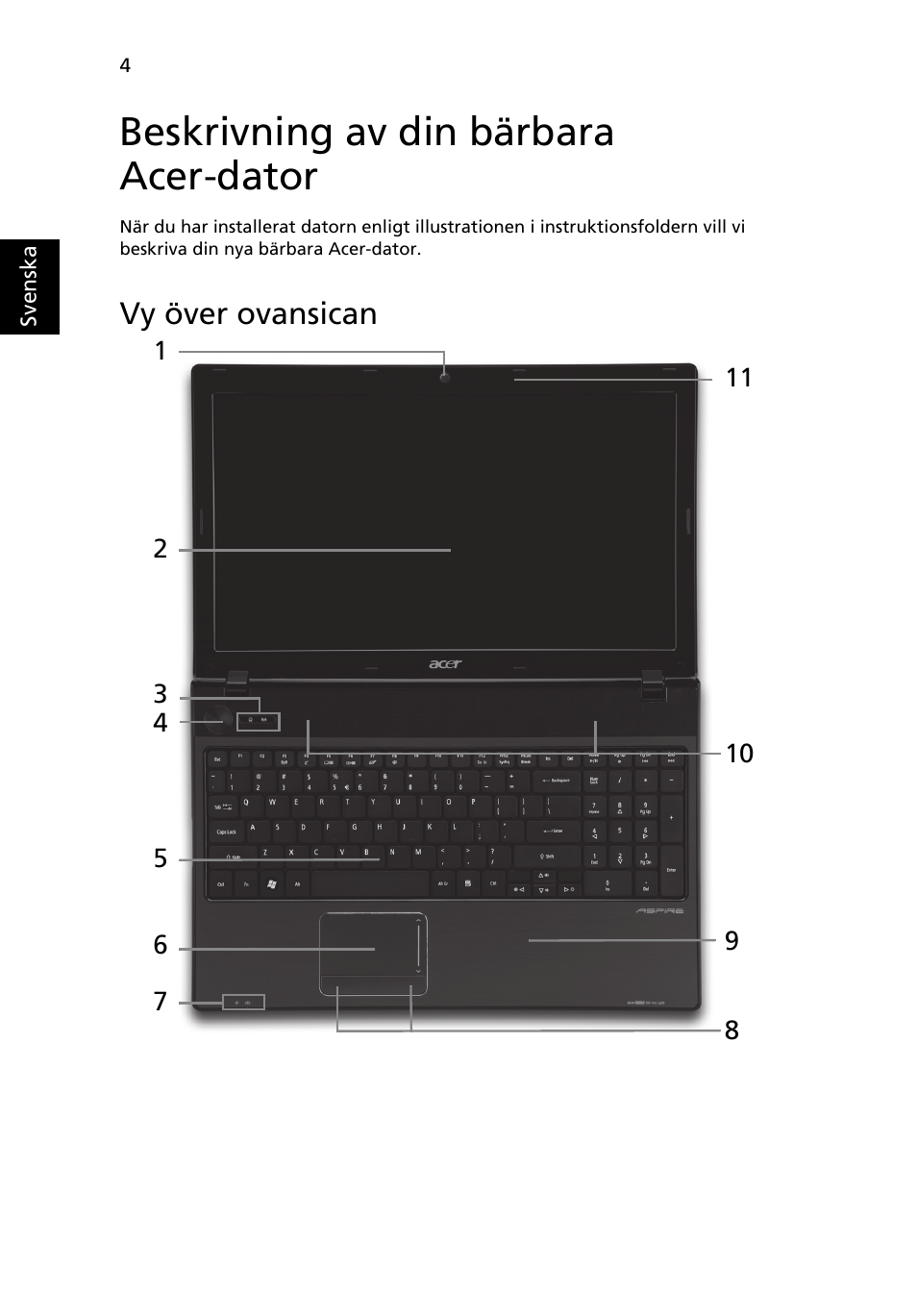 Beskrivning av din bärbara acer-dator, Vy över ovansican | Acer Aspire 5741ZG User Manual | Page 98 / 313