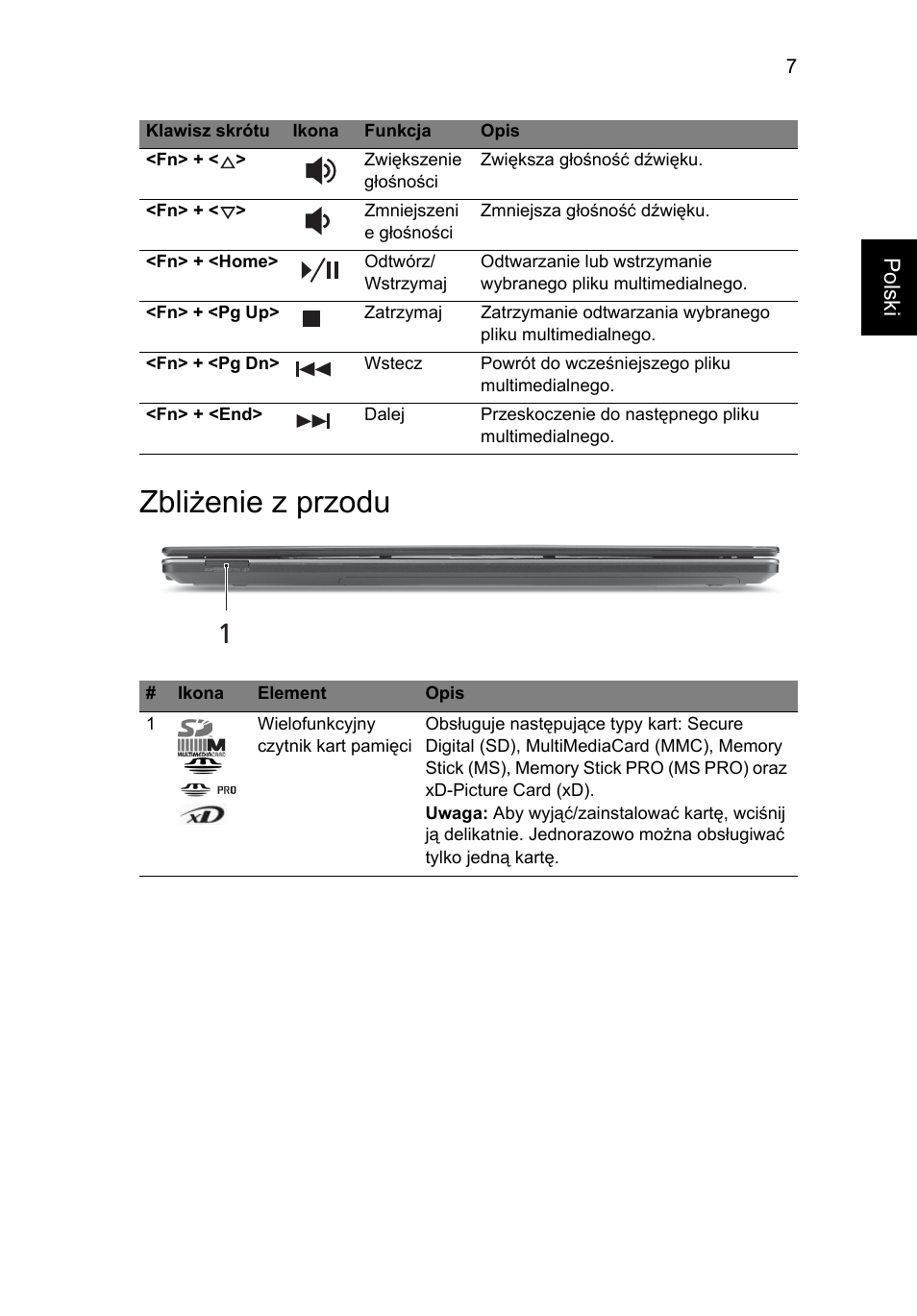 Zbliżenie z przodu | Acer Aspire 5625G User Manual | Page 139 / 326