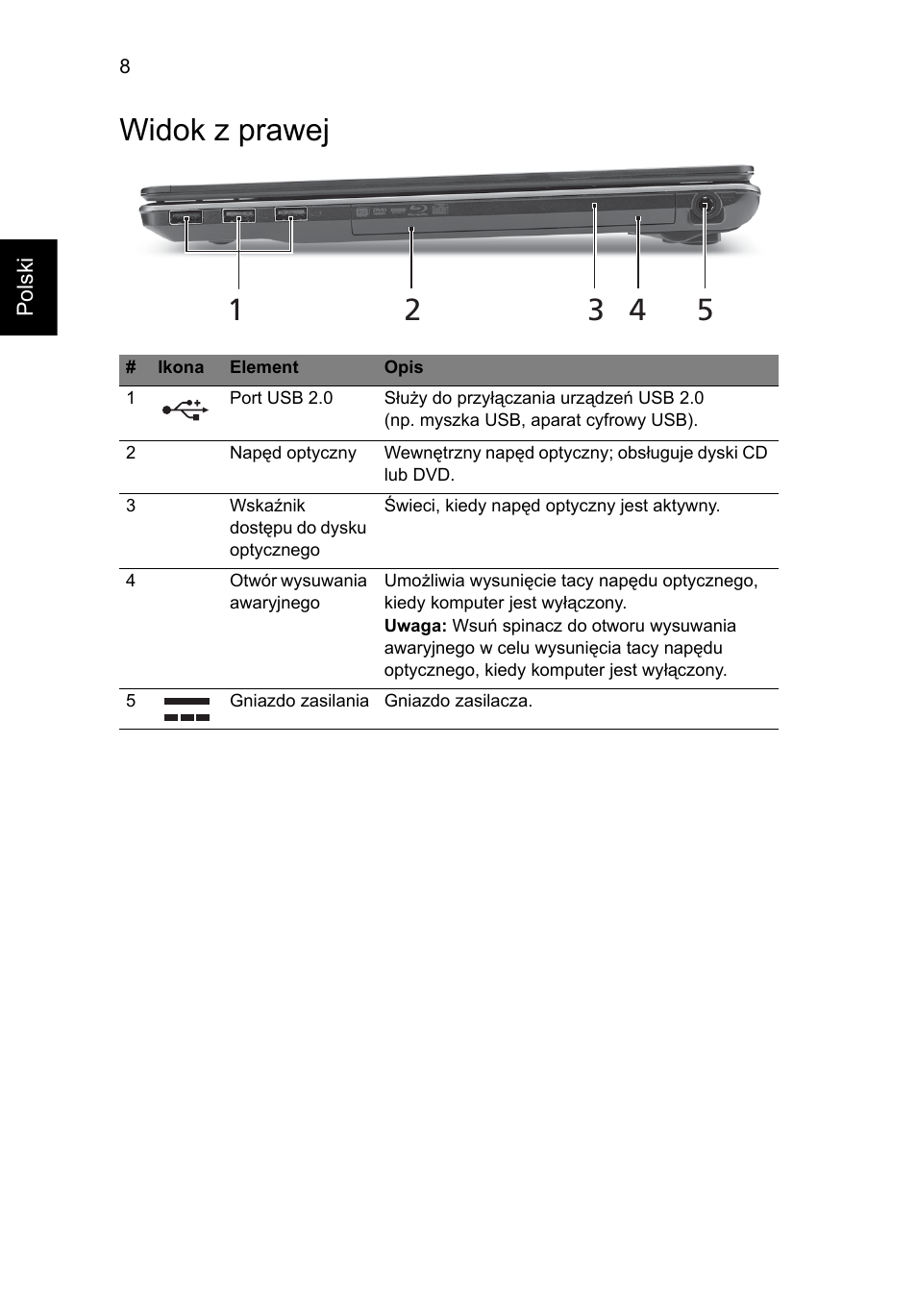 Widok z prawej | Acer Aspire 5625G User Manual | Page 140 / 326