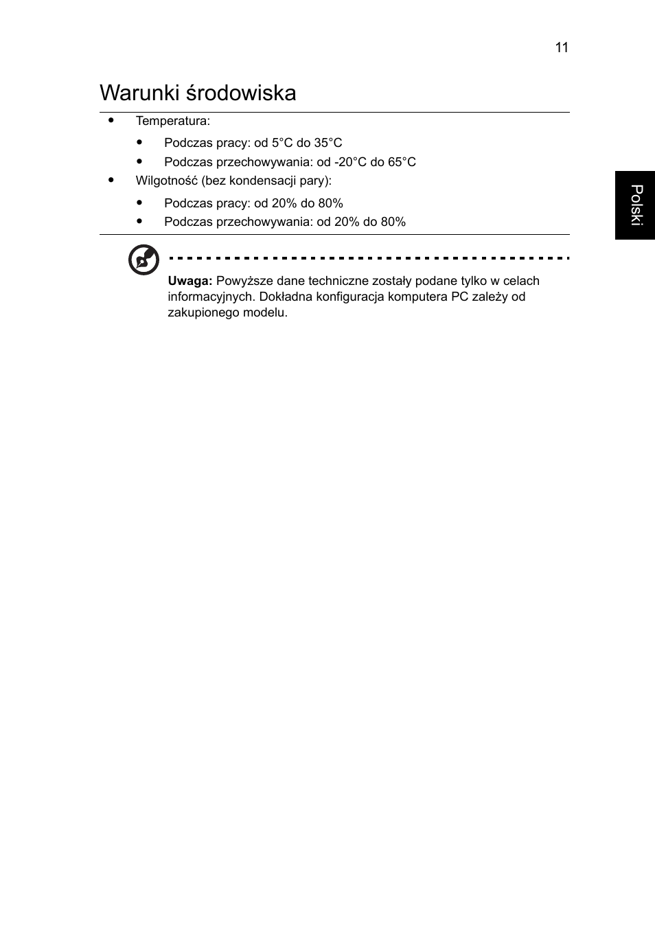 Warunki środowiska | Acer Aspire 5625G User Manual | Page 143 / 326