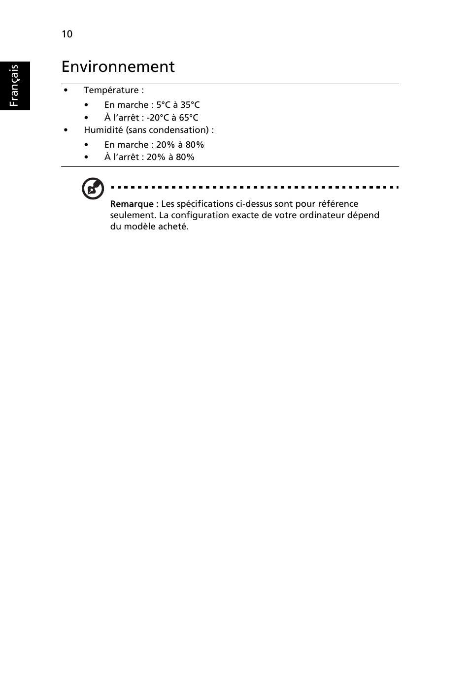 Environnement | Acer Aspire 5625G User Manual | Page 22 / 326