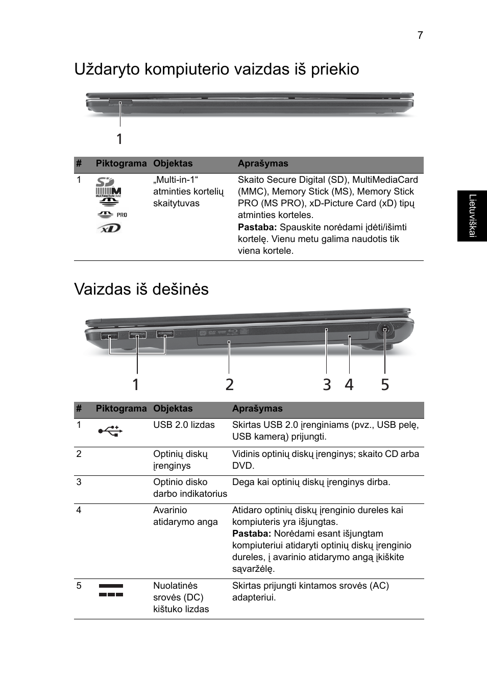 Uždaryto kompiuterio vaizdas iš priekio, Vaizdas iš dešinės | Acer Aspire 5625G User Manual | Page 241 / 326