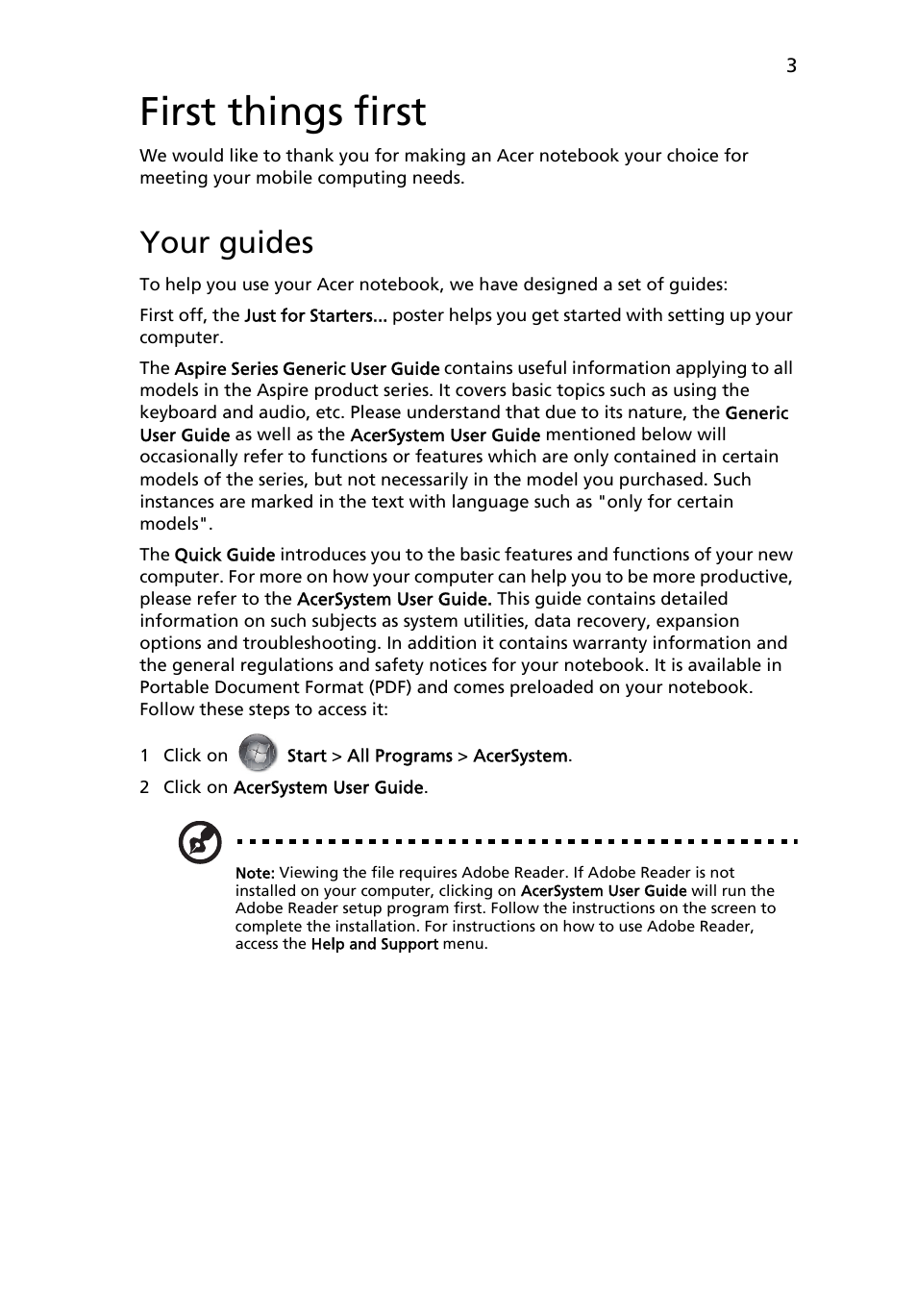 First things first, Your guides | Acer Aspire 5625G User Manual | Page 5 / 326