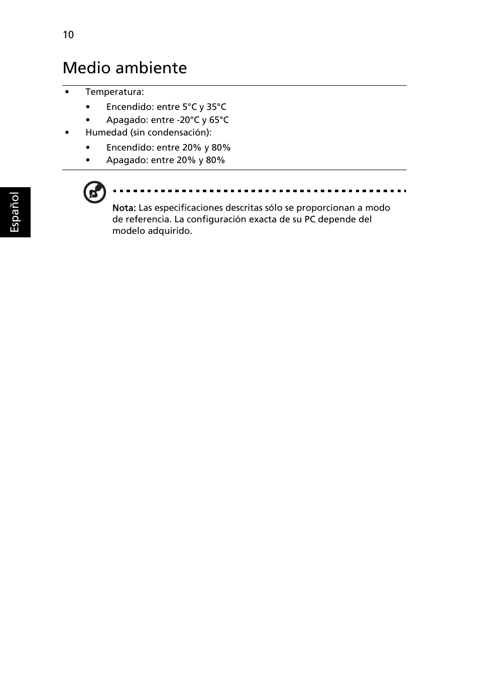 Medio ambiente | Acer Aspire 5625G User Manual | Page 56 / 326