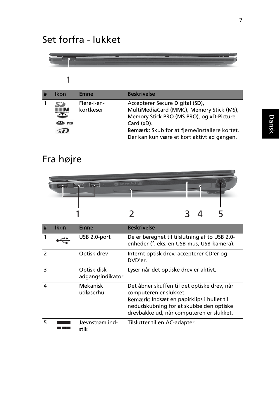 Set forfra - lukket, Fra højre, Set forfra - lukket fra højre | Acer Aspire 5625G User Manual | Page 97 / 326