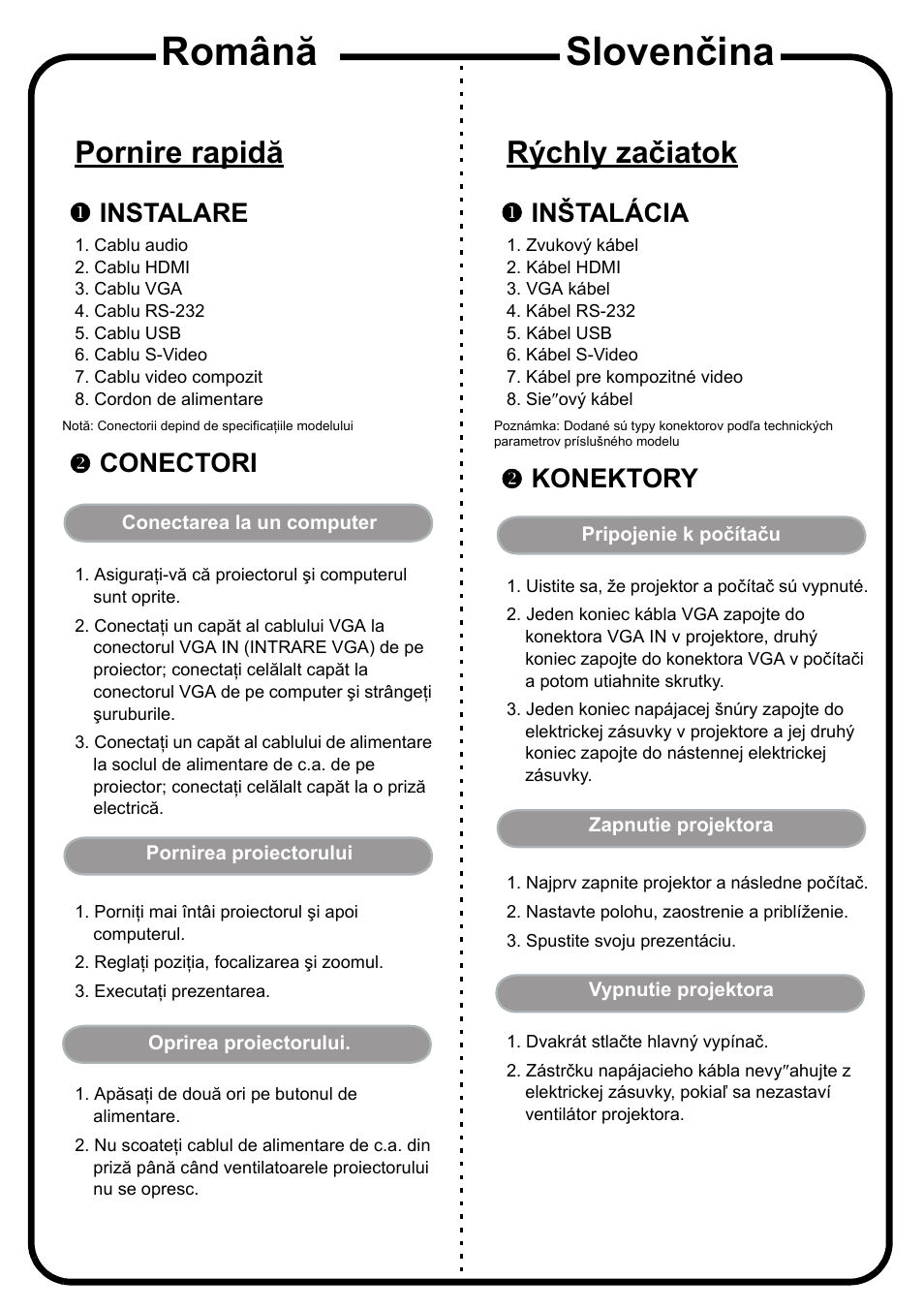 Română, Slovenčina, Pornire rapidă | Rýchly začiatok, Xinstalare, Yconectori, Xinštalácia, Ykonektory | Acer X1320WH User Manual | Page 10 / 17