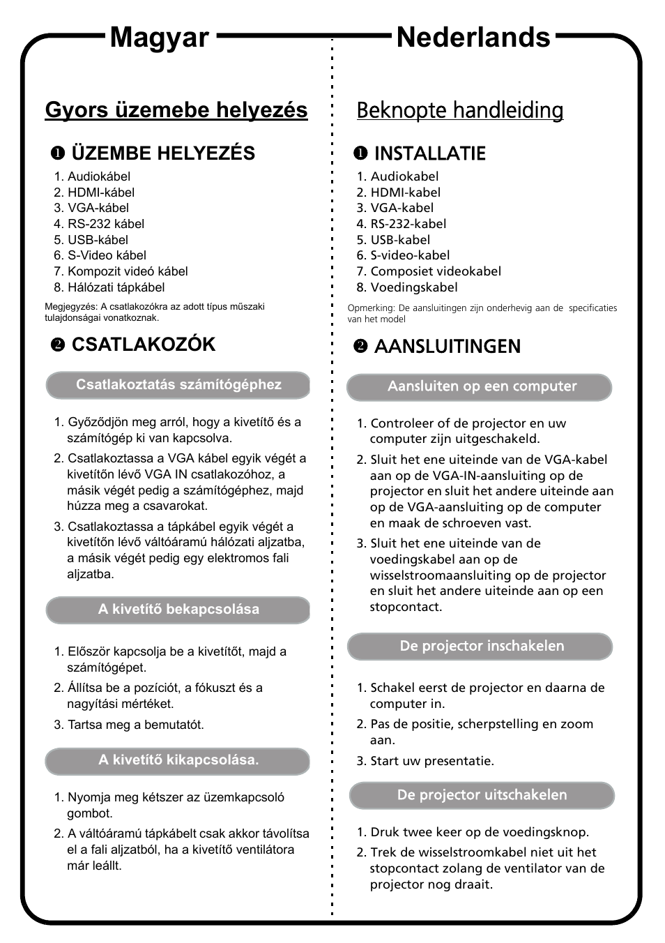 Magyar nederlands, Gyors üzemebe helyezés, Beknopte handleiding | Xüzembe helyezés, Ycsatlakozók, Xinstallatie, Yaansluitingen | Acer X1320WH User Manual | Page 7 / 17