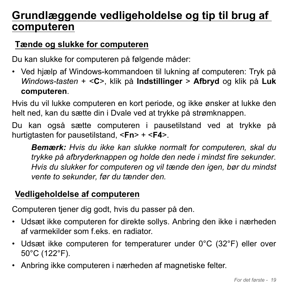 Tænde og slukke for computeren, Vedligeholdelse af computeren | Acer Aspire V5-571PG User Manual | Page 1001 / 3604
