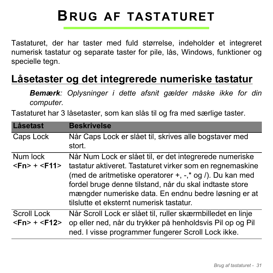 Brug af tastaturet, Låsetaster og det integrerede numeriske tastatur, Tastaturet | Acer Aspire V5-571PG User Manual | Page 1013 / 3604