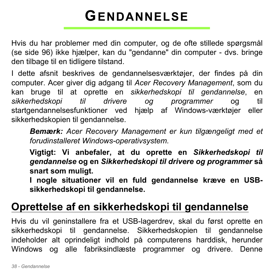 Gendannelse, Oprettelse af en sikkerhedskopi til gendannelse, Endannelse | Acer Aspire V5-571PG User Manual | Page 1020 / 3604