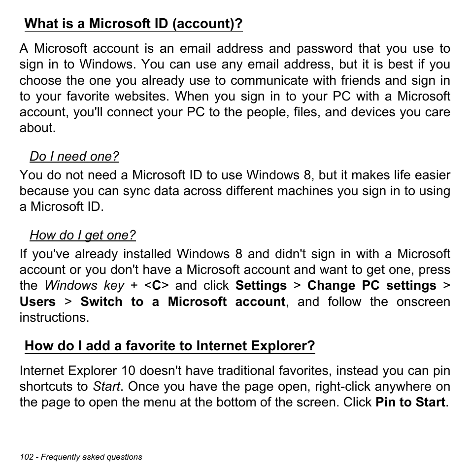 What is a microsoft id (account), How do i add a favorite to internet explorer | Acer Aspire V5-571PG User Manual | Page 104 / 3604