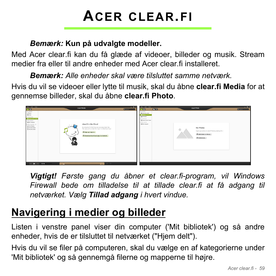 Acer clear.fi, Navigering i medier og billeder, Clear | Acer Aspire V5-571PG User Manual | Page 1041 / 3604