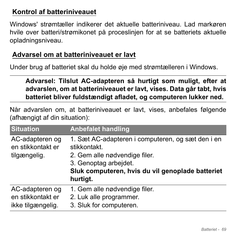 Kontrol af batteriniveauet, Advarsel om at batteriniveauet er lavt | Acer Aspire V5-571PG User Manual | Page 1051 / 3604