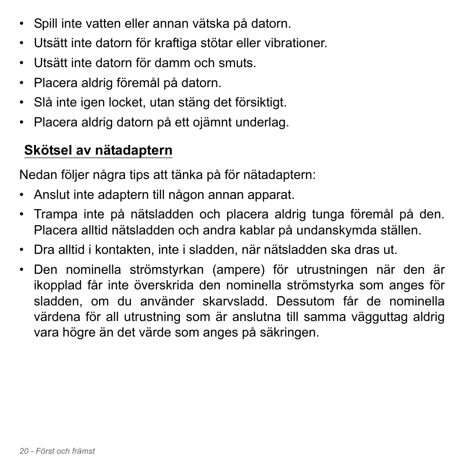 Skötsel av nätadaptern | Acer Aspire V5-571PG User Manual | Page 1118 / 3604