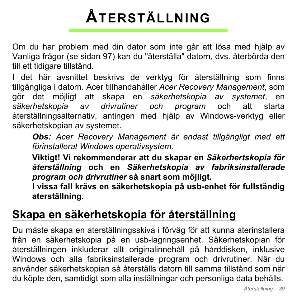 Återställning, Skapa en säkerhetskopia för återställning, Terställning | Acer Aspire V5-571PG User Manual | Page 1137 / 3604