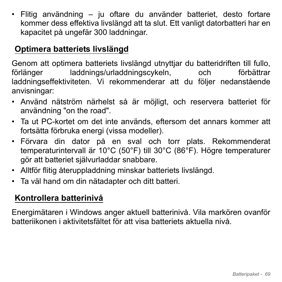 Optimera batteriets livslängd, Kontrollera batterinivå | Acer Aspire V5-571PG User Manual | Page 1167 / 3604