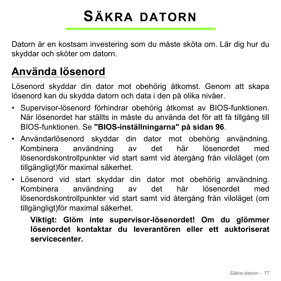 Säkra datorn, Använda lösenord, Äkra | Datorn | Acer Aspire V5-571PG User Manual | Page 1175 / 3604
