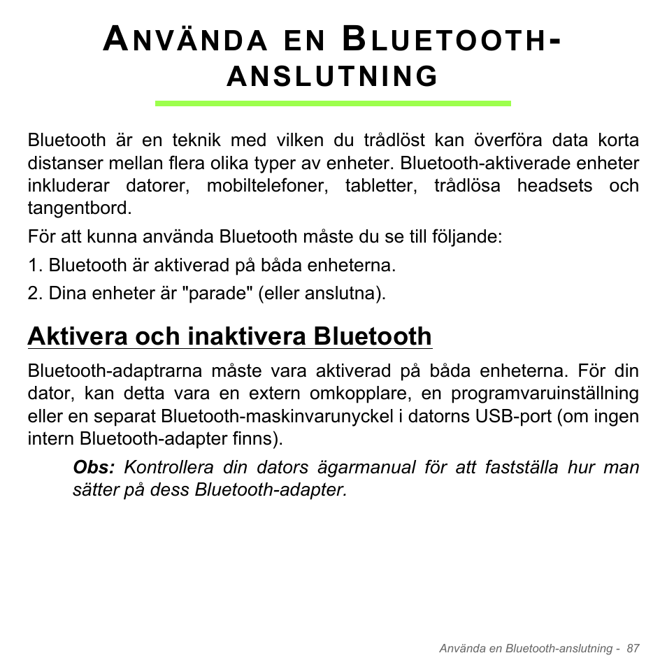 Använda en bluetooth- anslutning, Aktivera och inaktivera bluetooth, Använda en bluetooth-anslutning | Acer Aspire V5-571PG User Manual | Page 1185 / 3604