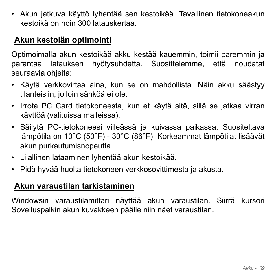 Akun kestoiän optimointi, Akun varaustilan tarkistaminen | Acer Aspire V5-571PG User Manual | Page 1285 / 3604
