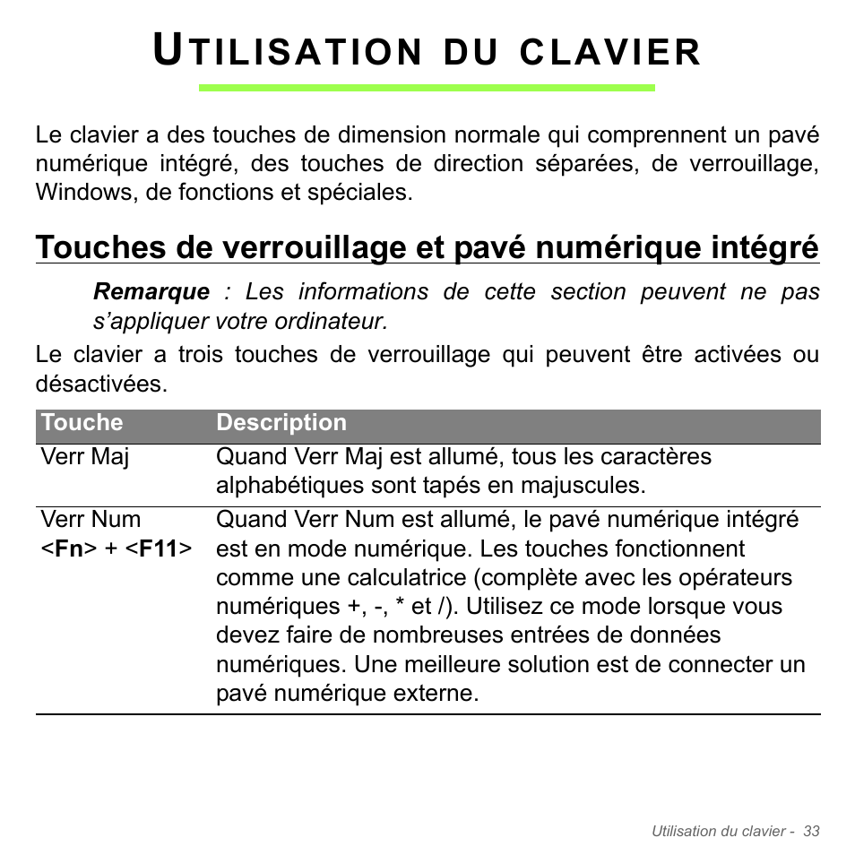 Utilisation du clavier, Touches de verrouillage et pavé numérique intégré, Touches de verrouillage et pavé numérique | Intégré, Tilisation, Clavier | Acer Aspire V5-571PG User Manual | Page 147 / 3604