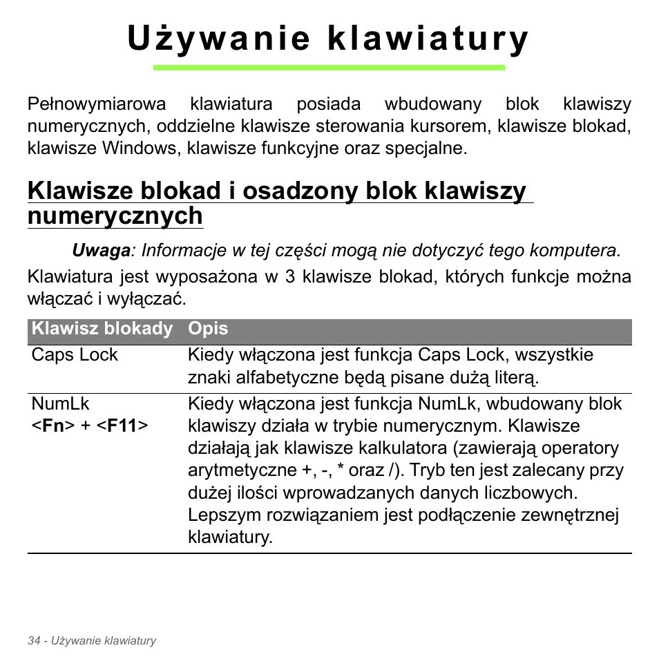 Używanie klawiatury, Klawisze blokad i osadzony blok klawiszy, Numerycznych | Acer Aspire V5-571PG User Manual | Page 1504 / 3604