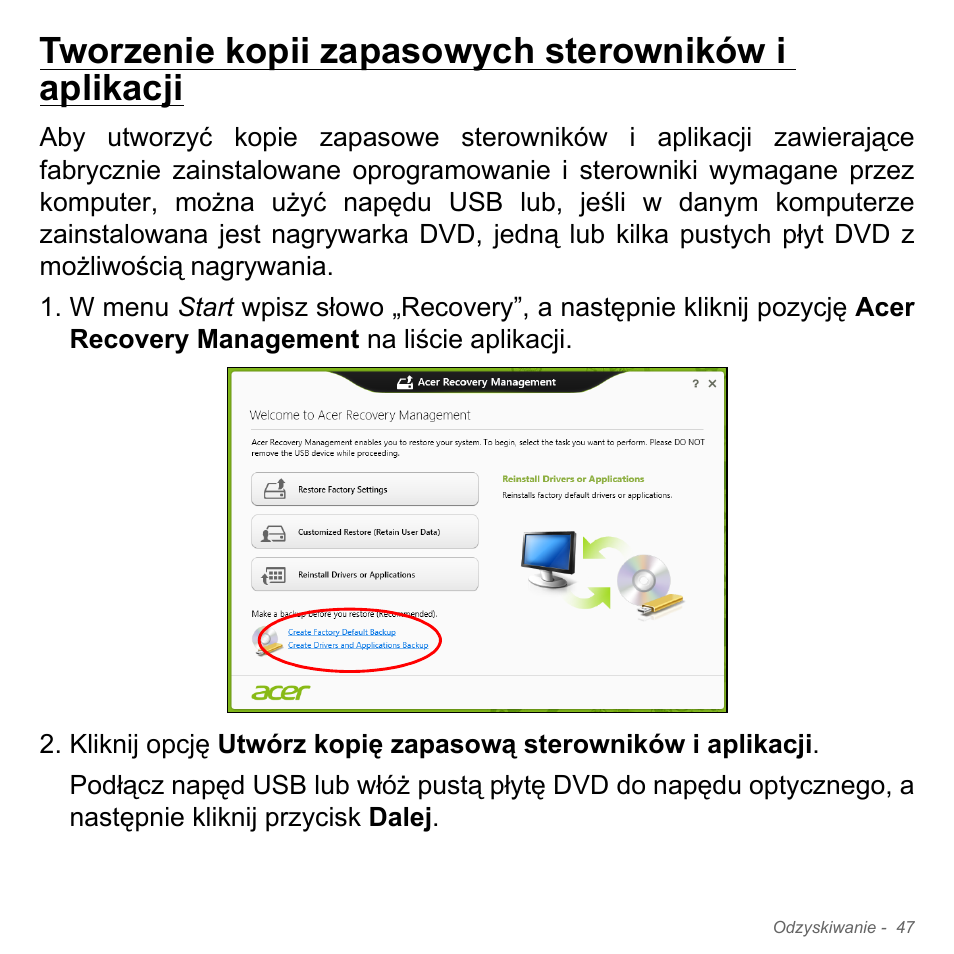 Tworzenie kopii zapasowych sterowników i aplikacji, Tworzenie kopii zapasowych sterowników i, Aplikacji | Acer Aspire V5-571PG User Manual | Page 1517 / 3604