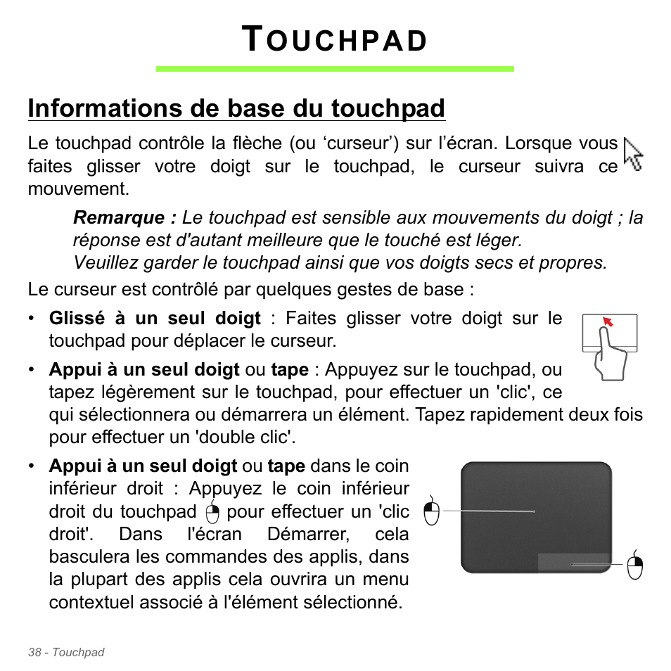 Touchpad, Informations de base du touchpad, Ouchpad | Acer Aspire V5-571PG User Manual | Page 152 / 3604