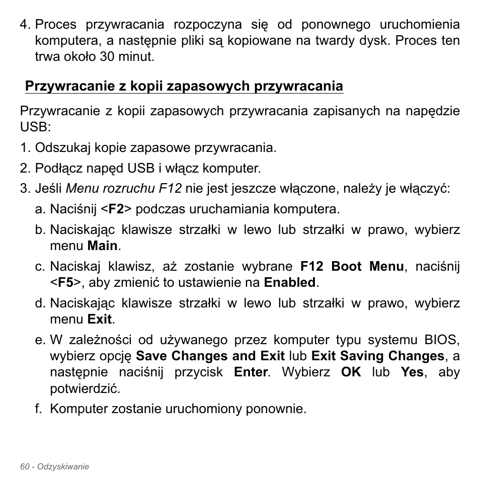 Przywracanie z kopii zapasowych przywracania, Przywracanie z kopii zapasowych, Przywracania | Acer Aspire V5-571PG User Manual | Page 1530 / 3604
