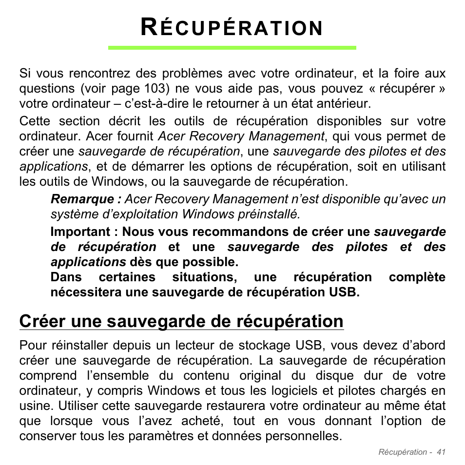 Récupération, Créer une sauvegarde de récupération, Écupération | Acer Aspire V5-571PG User Manual | Page 155 / 3604