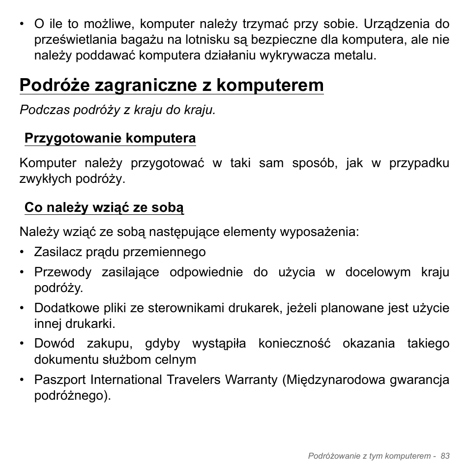 Podróże zagraniczne z komputerem, Przygotowanie komputera, Co należy wziąć ze sobą | Acer Aspire V5-571PG User Manual | Page 1553 / 3604