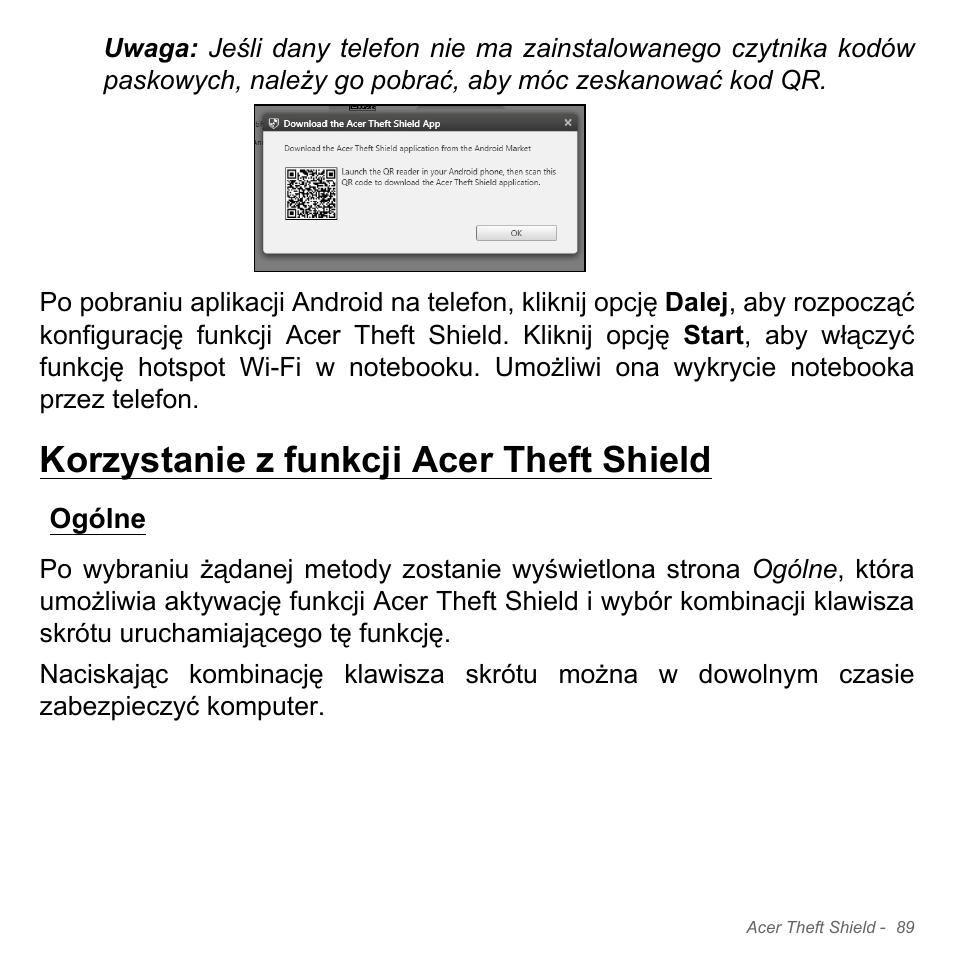 Korzystanie z funkcji acer theft shield, Ogólne | Acer Aspire V5-571PG User Manual | Page 1559 / 3604