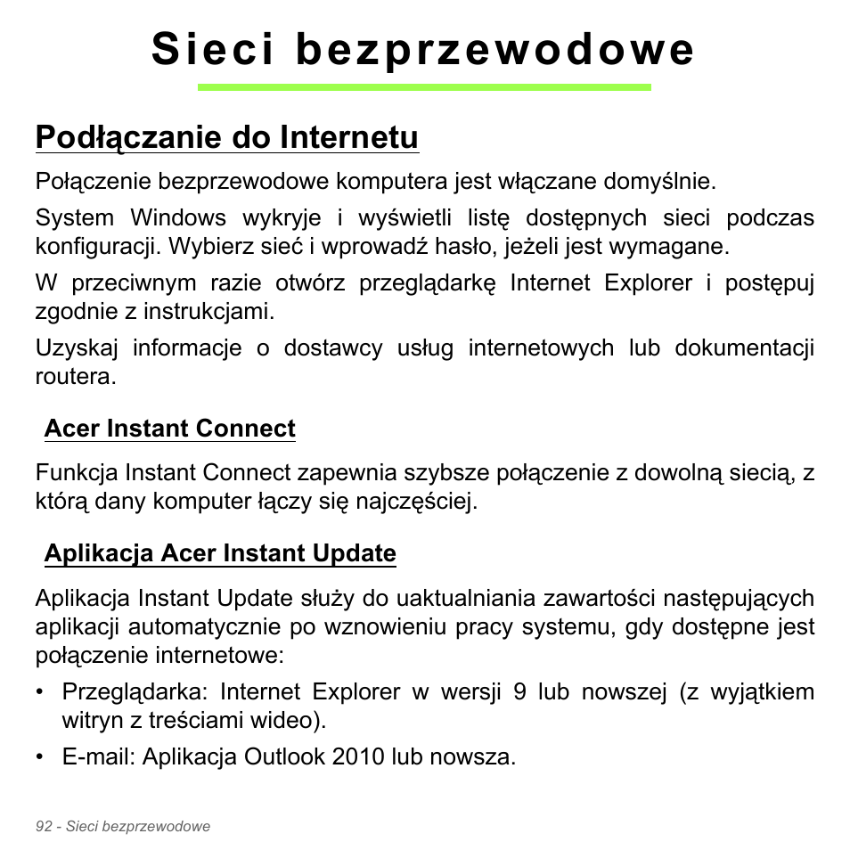 Sieci bezprzewodowe, Podłączanie do internetu, Acer instant connect | Aplikacja acer instant update | Acer Aspire V5-571PG User Manual | Page 1562 / 3604