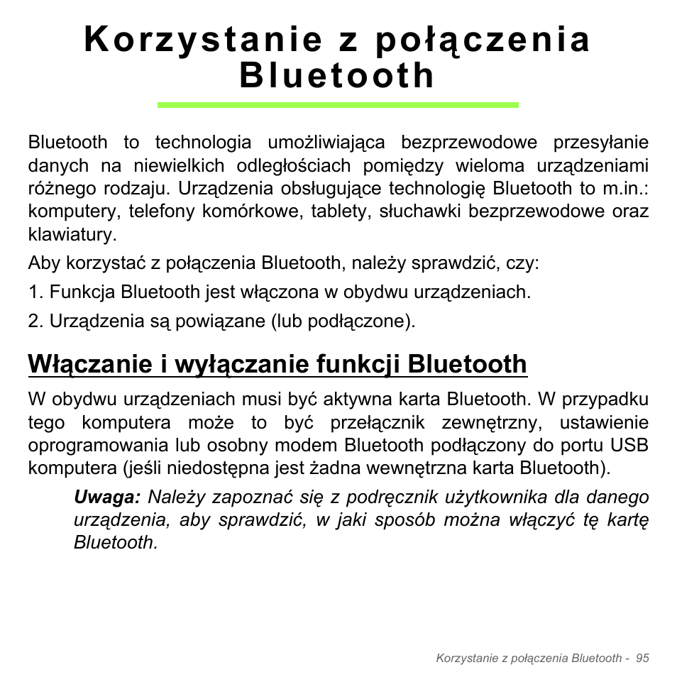 Korzystanie z połączenia bluetooth, Włączanie i wyłączanie funkcji bluetooth, Korzystanie z połączenia bluetooth 95 | Acer Aspire V5-571PG User Manual | Page 1565 / 3604