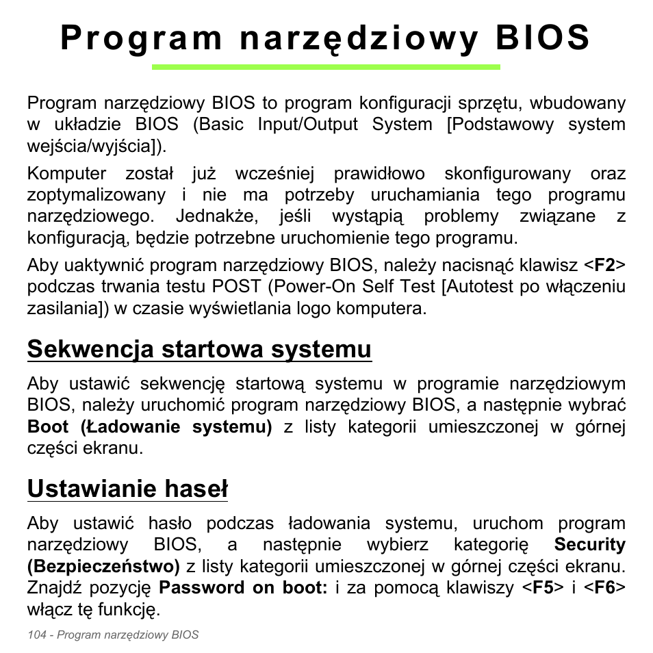 Program narzędziowy bios, Sekwencja startowa systemu, Ustawianie haseł | Acer Aspire V5-571PG User Manual | Page 1574 / 3604
