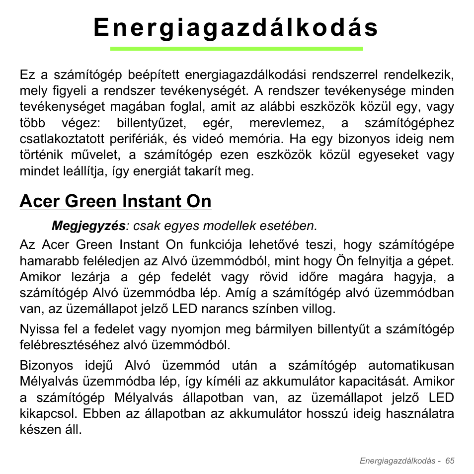 Energiagazdálkodás, Acer green instant on | Acer Aspire V5-571PG User Manual | Page 1663 / 3604