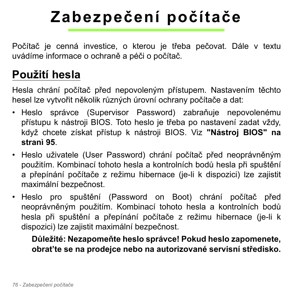 Zabezpečení počítače, Použití hesla | Acer Aspire V5-571PG User Manual | Page 1798 / 3604