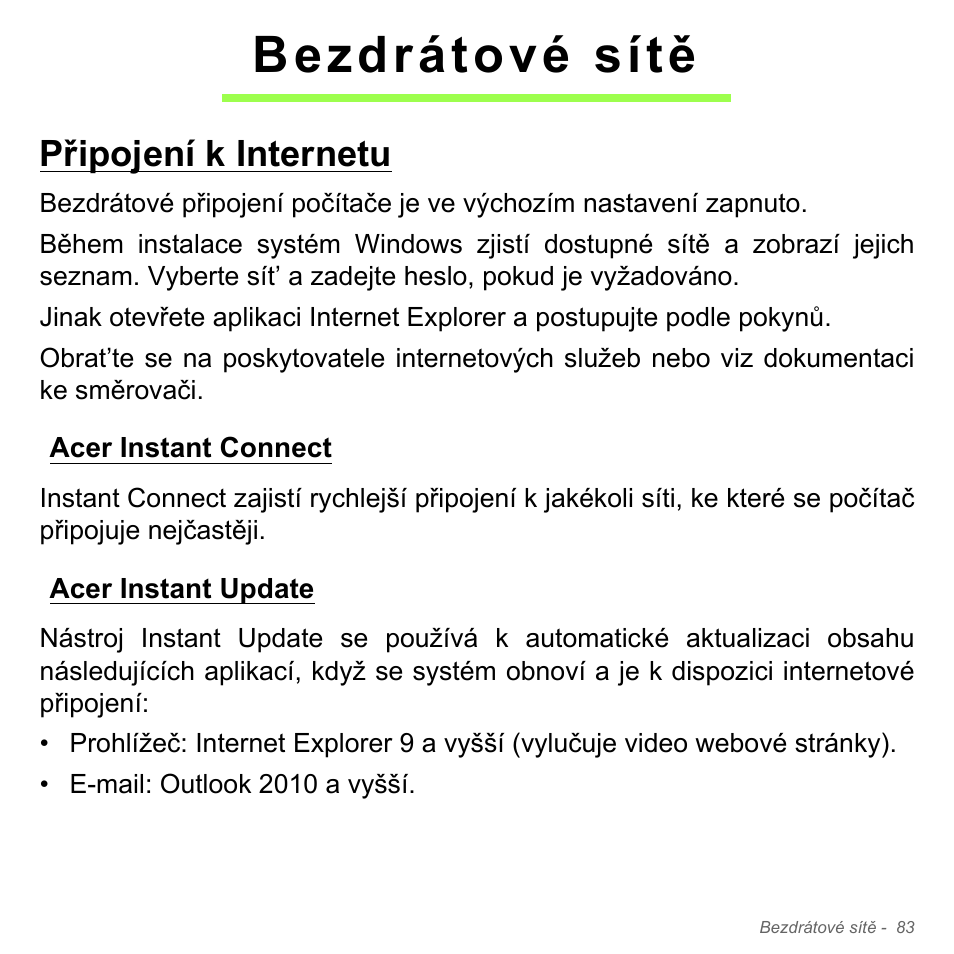 Bezdrátové sítě, Připojení k internetu, Acer instant connect | Acer instant update, Acer instant connect acer instant update | Acer Aspire V5-571PG User Manual | Page 1805 / 3604